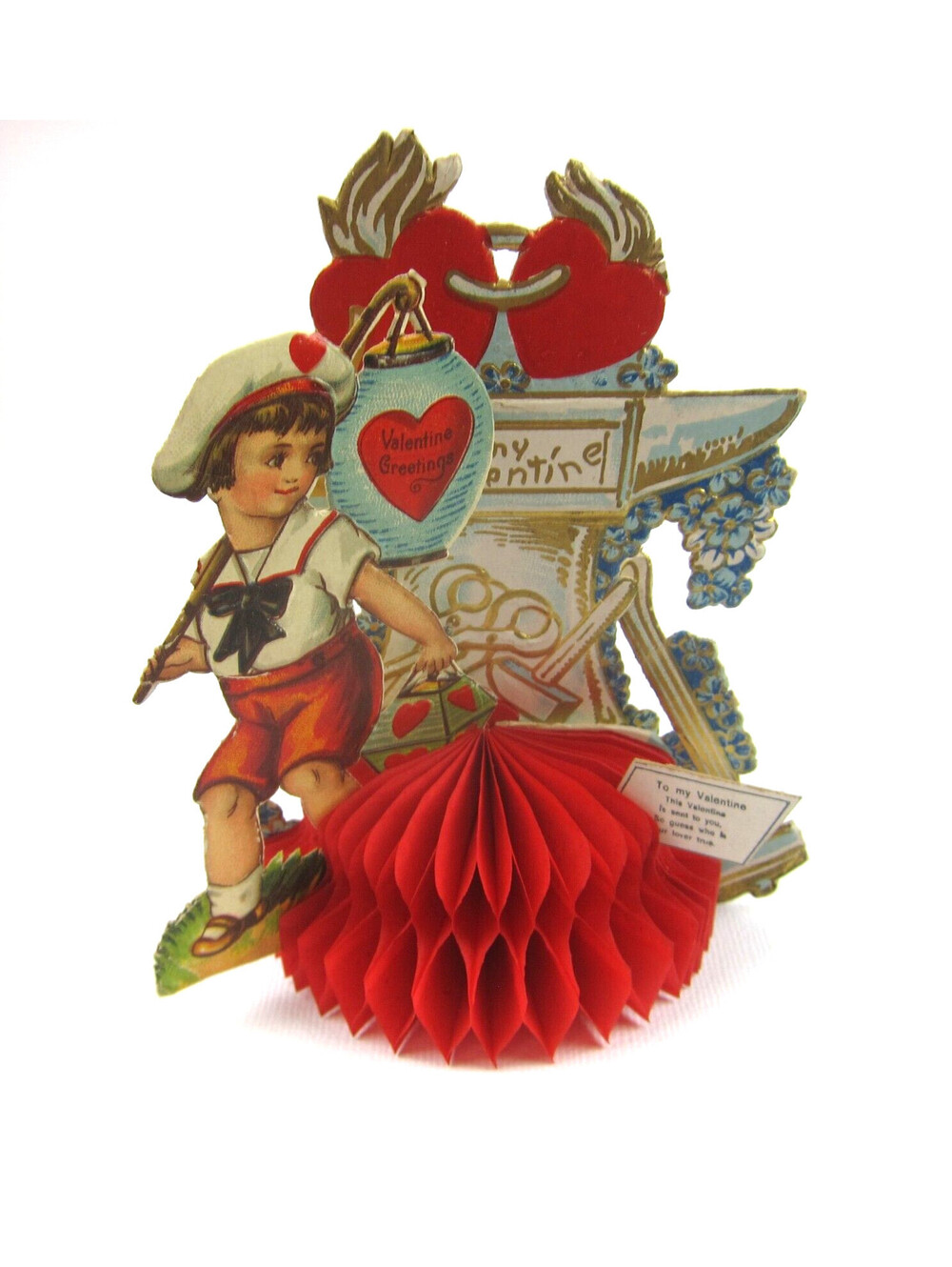 Antique Valentine Honeycomb 3D Pop Up Die cut Boy Sailor Suit Lantern & Tools